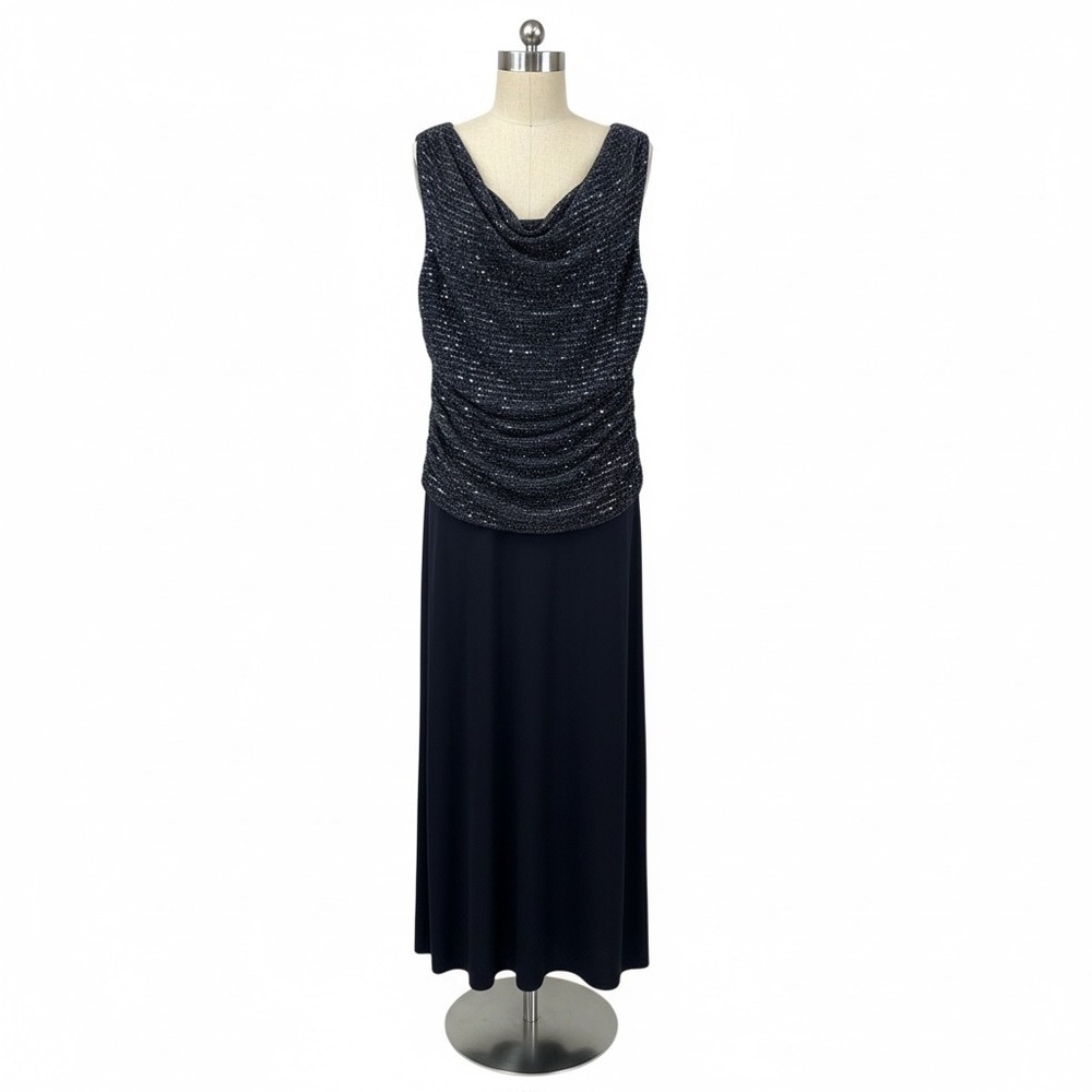 R&M Richards Women Sequin Cowl Neck Gown Navy Blue Size 16W
